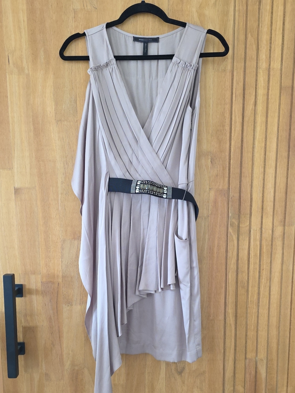 Asymmetrical Pleated V-Neck Dress in Taupe with Removable Embellished Belt